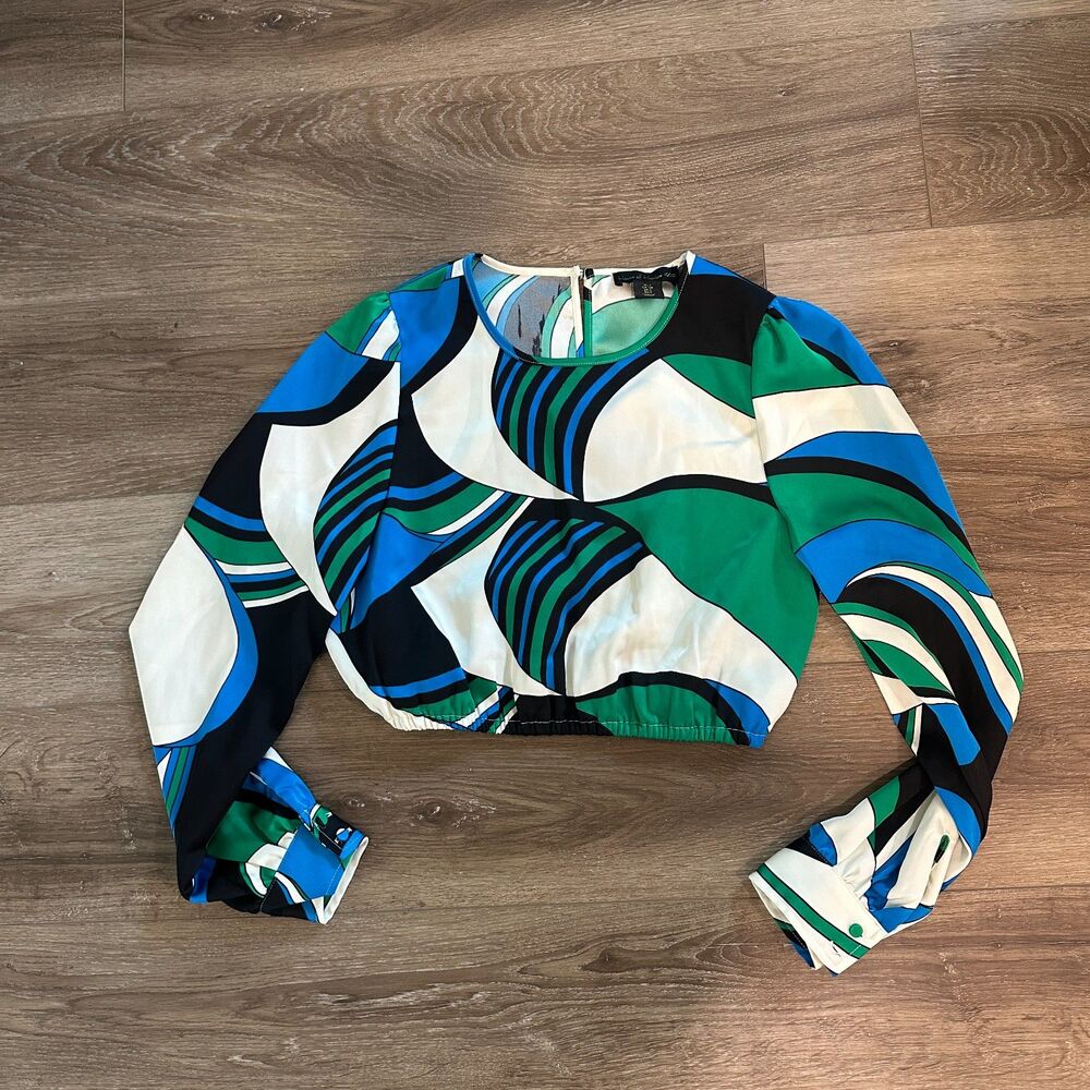 70s Retro Geometric Print Long Sleeve Elastic Hem Crop Top Blouse Women Sz Small